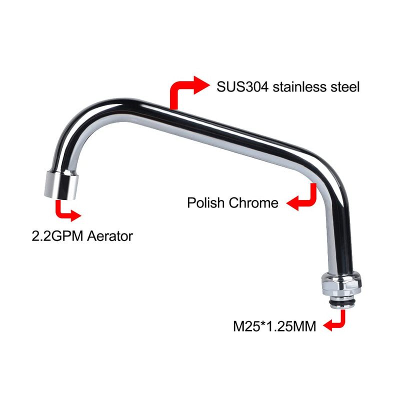 Swivel Swing Nozzle Spout 12 Inch Replacement Kit for Commercial Kitchen Sink Faucet Stainless Steel Add-on Spout Fits for 2 or 3 Bay Compartment Sinks, Chrome Finish (M25*1.25mm)