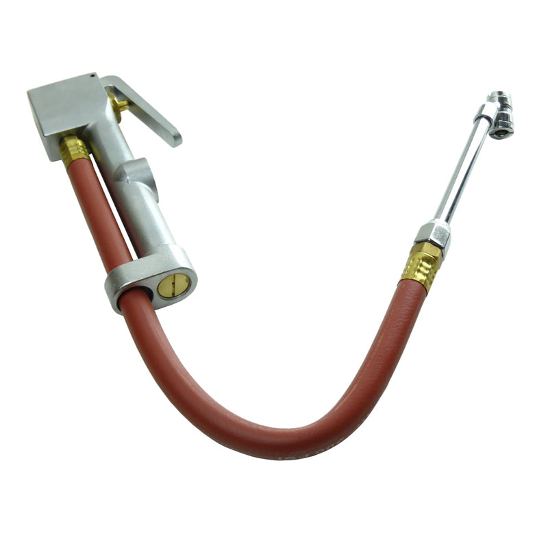 K Tool International 89002 Tire Inflator Gauge with Dual-Head Chuck for Garages, Repair Shop and DIY, 15" Air Hose, 1/4" NPT, 10 to 120 PSI, Chrome Plated Head, Weather Proof Aluminum Body, Angled Tip