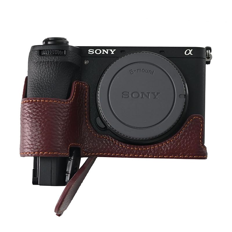 A6700 Case, BMAOLLONGB Handmade Litchi Genuine Real Leather Half Camera Case Bag Cover for Sony Alpha A6700 Bottom Opening Version + Hand Strap (Coffee) Coffee