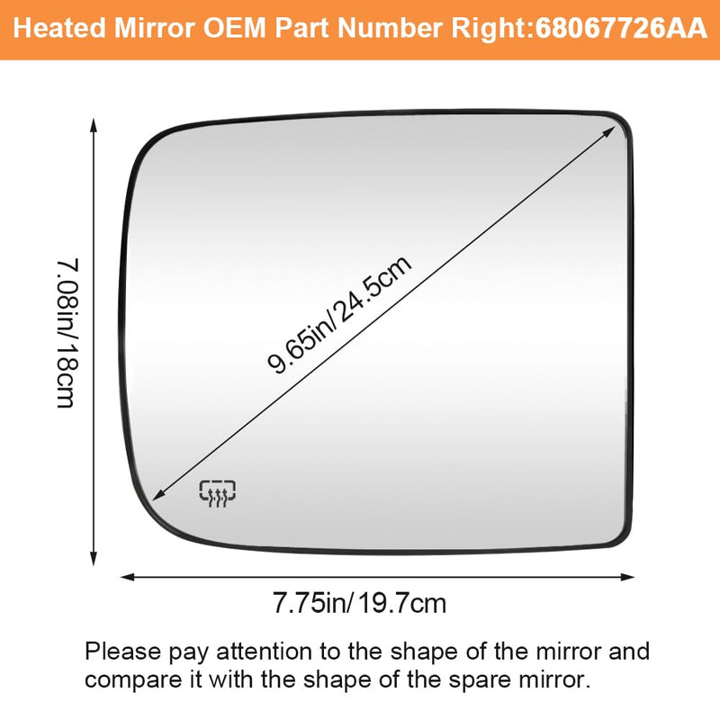 Senzeal Passenger Side Tow Mirror Glass Heated Tow Mirrors Replacement for Dodge Ram 1500 2500 3500 4500 5500 2009-2020 Convex Mirror with Rear Holder 68067726AA (Right Side) Passenger Side with Upper (Right)
