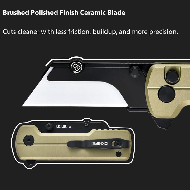 OKNIFE U1 Ultra Pocket Folding Utility Knife with Ceramic Blade, Lightweight O-Aluminum Handle Box Cutter with Clip, Button Lock Pocket Knife for Men Women (Olive Green) Olive Green