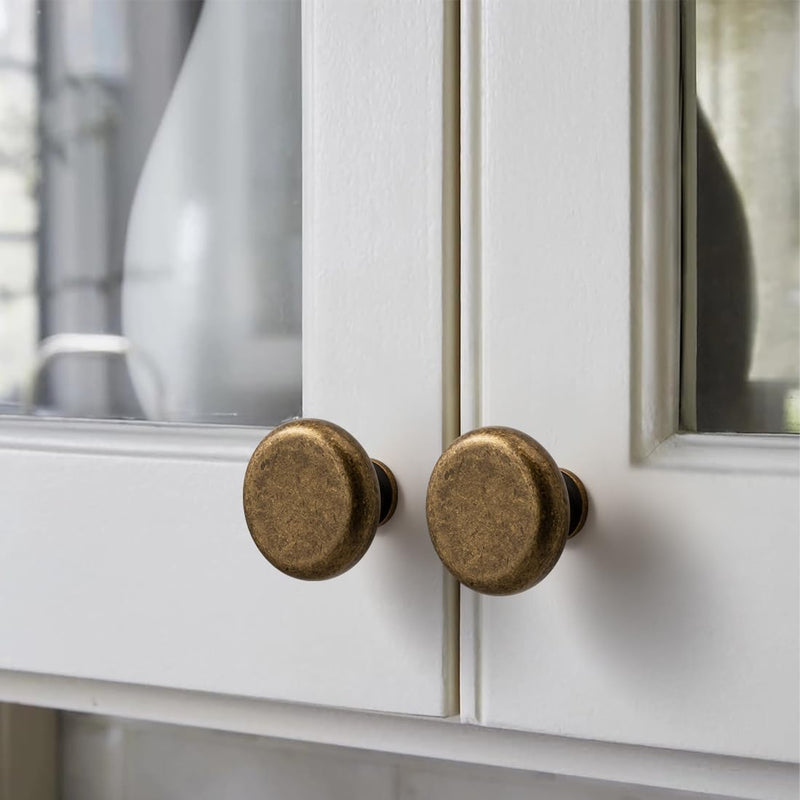 YAGU 6 Pack Antique Brass Kitchen Cabinet Knobs 1-1/4 Inch Round Solid Aged Bronze Dresser Drawer Knob Vintage Brass Furniture Hardware Pulls for Closet Cupboard Wardrobe