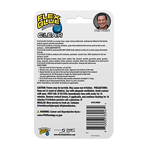 Flex Glue Rubberized Waterproof Adhesive, Clear, 0.6 oz Mini Tube, 3-Pack