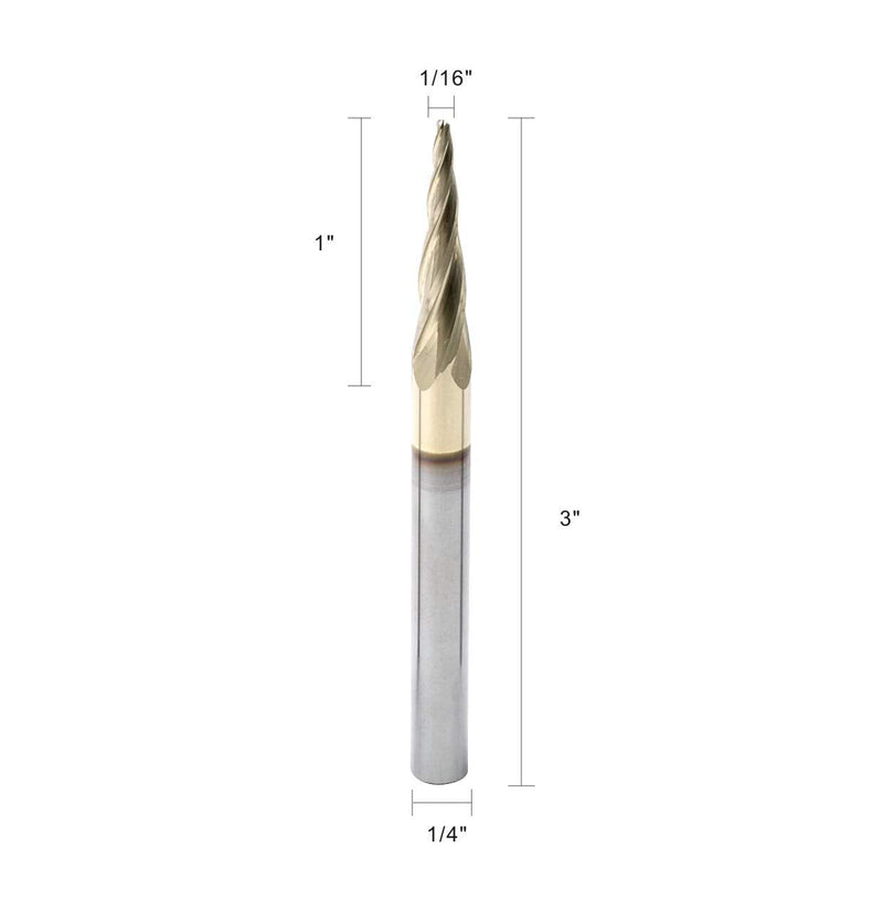 PANHAM 1/16 Inch Ball Nose Upcut CNC Spiral Router Bit 5.4 Degree Tapered Angle for 2D and 3D Wood Carving Solid Carbide ZRN Coating 4 Flutes,1/16" X 1" X 1/4"X 3"