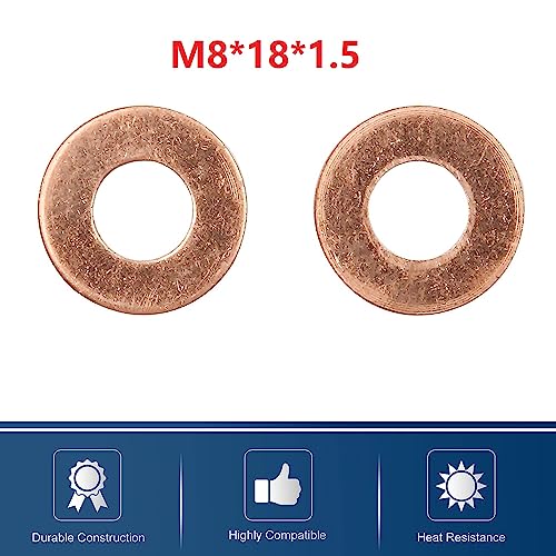 10pcs M8 Copper Washers Flat Ring Sump Plug Oil Seal Gasket Sealing Fitting Washers (M8*18 * 1.5)