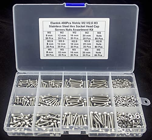480Pcs Metric M2 M2.5 M3 304-Stainless Steel Hex Socket Head Cap Screws Nuts Assortment Kit M2,M2.5,M3