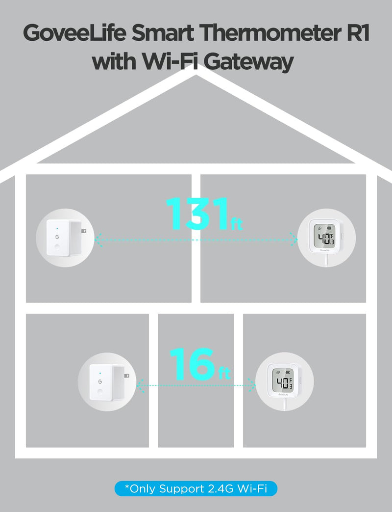 GoveeLife WiFi Refrigerator Thermometer with Alarm, Wireless Digital Freezer Temperature Gauge with App Control, LCD Display, 2 Years Free Data Export, for Fridge Hot Tub (Only Support 2.4G WiFi) 1 Gateway + 1 Sensor