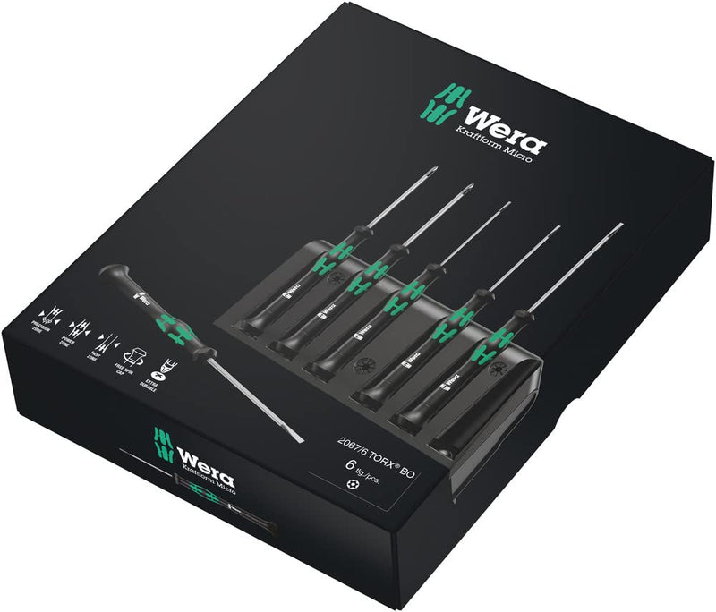 Wera - 4013288032294 2067/6 Kraftform Micro Torx BO Tamper-Resistant Electronics Screwdriver Set and Rack, 6-Piece Torx BO: TX7x60mm, TX8x60mm, TX9x60mm, TX10x60mm, TX15x60mm, TX20x60mm