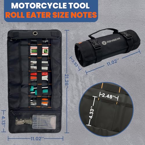 Tool Roll Organizer with Stand-up Baffle,1680D PVC Motorcycle Tool Roll Bag, Heavy duty Wrench Roll with Mesh Zipper Pocket,Roll Up Tool Bag for Motorcycle, Car, Pickup, ATV/UTV, Bicycle or Hobbyist B-Black