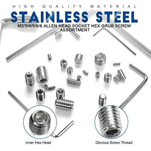 NINDEJIN 666 PCS M2 M3 M4 M5 M6 M8 Hex Flat Grub Set Screw for Repairs Kit 666 Silver Socket Set Screws