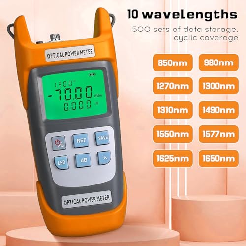 Fiber Optical Power Meter with SC FC Connector, -70~10dBm, 10 Optic Wave Length, Optic Test Equipment for CCTV Communication Engineering (Orange) Orange 1