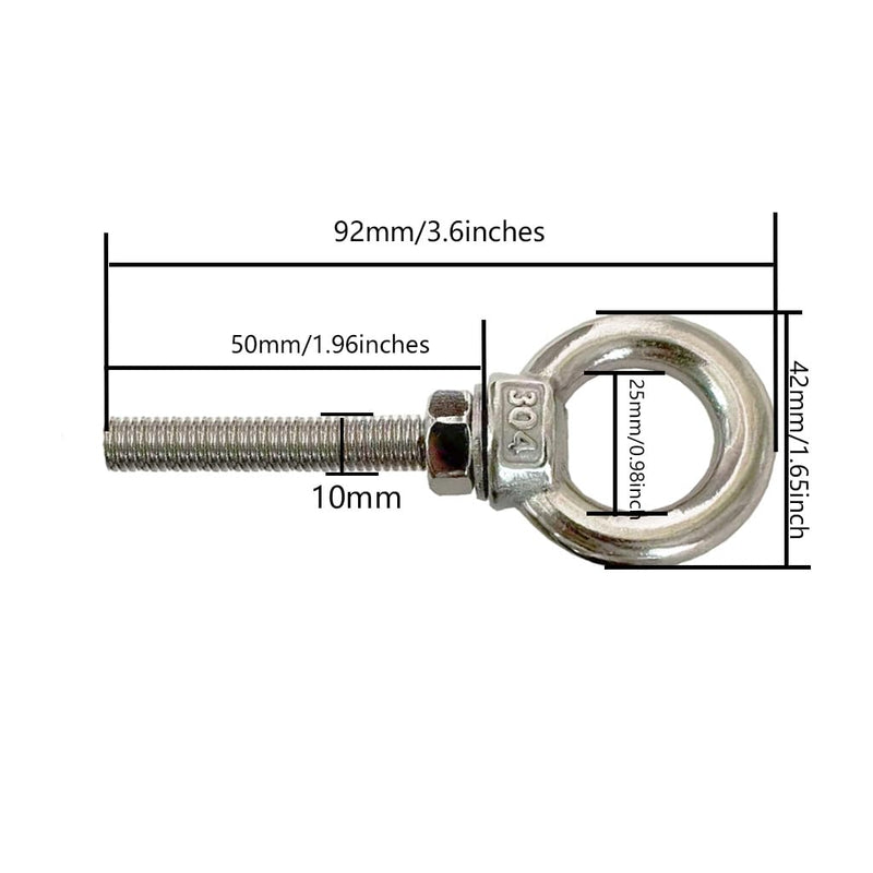 Shoulder Eye Bolt, 4 PCS M10 Heavy Duty Lifting Ring 2" Threaded Eyebolt Lifting Ring Eye Bolts with Nuts and Flat Washers(Thread Length 50mm) m10x50(4pcs)
