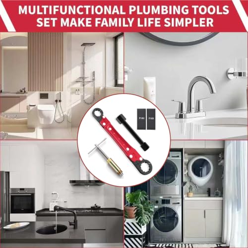 5Pcs Plumbing Tools Kit with Angle Stop Wrench & 1/2-Inch Compression Sleeve Puller, Professional Heavy Duty Ferrule Remover Tool, Plumbers Pipe Wrench and Basin Faucet Wrench Set with P180 Sandpaper 1/2" Sleeve Puller & Wrench Red