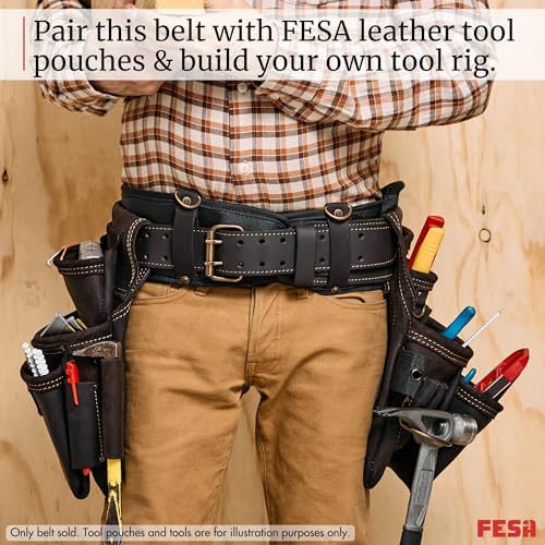 FESA Padded Leather Tool Belt with Back Support Have D-rings for Suspenders Brown