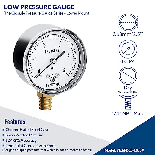 SENCTRL 0-5 Psi Low Pressure Gauge, 1/4" NPT Lower Mount 0-138.5inH2O