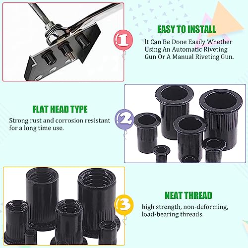 Keadic 180Pcs Carbon Steel Threaded Rivet Nuts Assortment Set M3 M4 M5 M6 M8 M10 M12 Rivnut, Zinc-Plated Black Knurled Flat Head Threaded Insert Nut for Furniture Mechanical Fasteners Metric Rivnut Assortment Set-180pcs