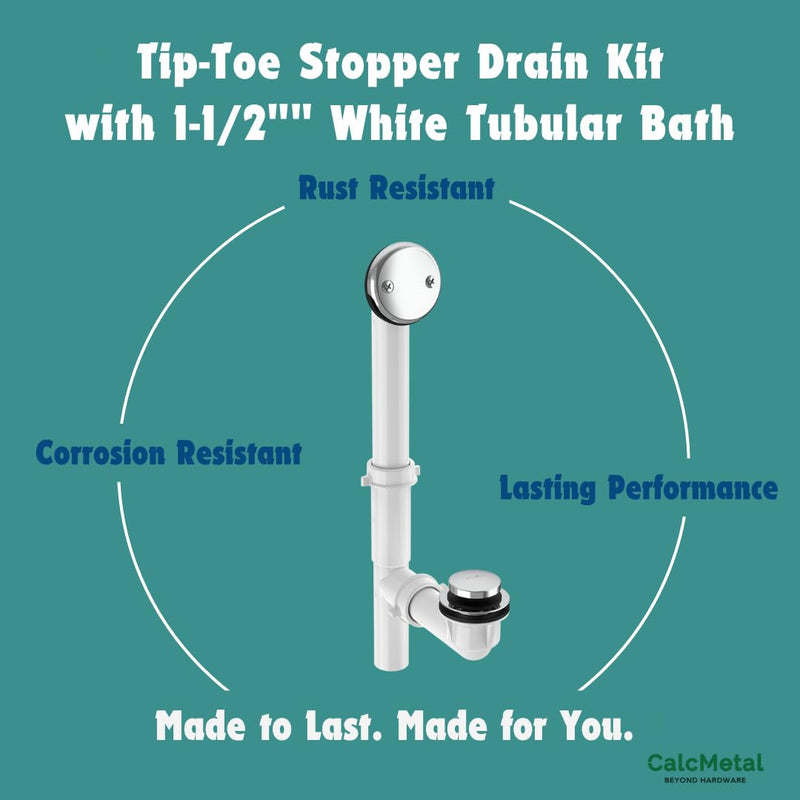 1-1/2"" White Tubular Bath Drain Kit with Tip-Toe Bath Drain Stopper, Touch-Toe Tub Drain, Tip Toe Bathtub Drain Waste and Overflow with Plug and Bathtub Overflow Drain Cover, Plated Chrome