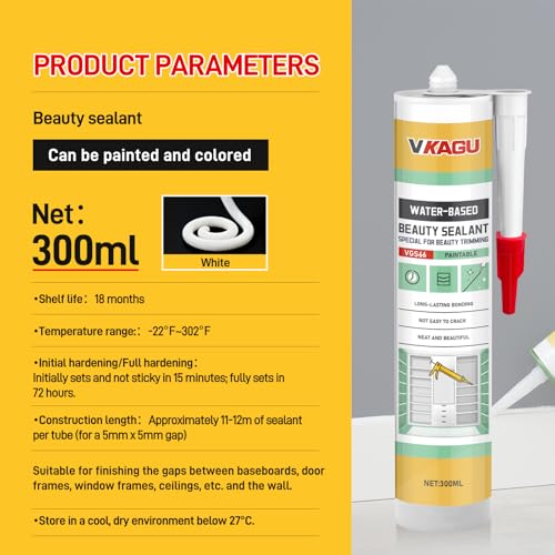 VGS66 White Paintable Acrylic Caulk, 100% Waterproof Flexible Beauty Sealant, Shrink & Crack Proof, Trim & Baseboard Edge Finishing, Multipurpose Indoor Household Sealant, 10.2 FL OZ 1 Pack VGS66-White