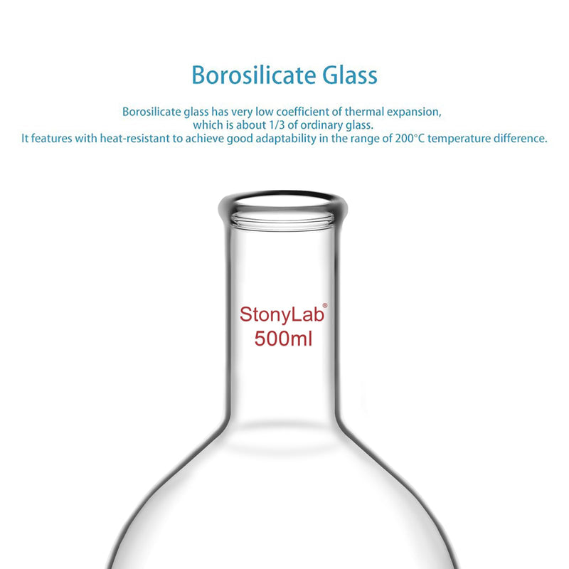 StonyLab Glass 500ml Long Neck Flat Bottom Flask, Borosilicate Glass Heavy Wall Flat Bottom Boiling Flask with Long Neck, 500ml 500 ml
