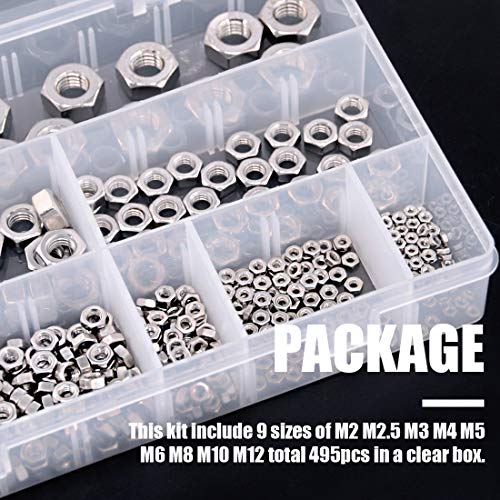 495Pcs Metric 304 Stainless Steel 9 Sizes Hex Nuts Assorment Kit, Coarse Thread Hexagon Nut 9 Sizes - M2 M2.5 M3 M4 M5 M6 M8 M10 M12
