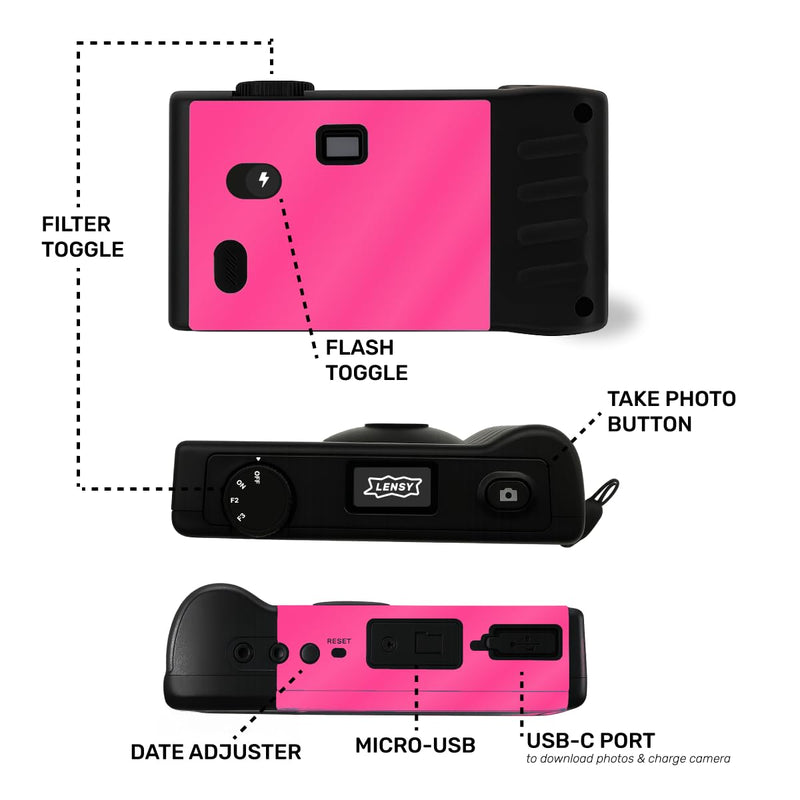 LENSY Screen Free Digital Camera | Four Built in Filters | Rechargeable, 8mp, Lightweight, Focus-Free, Auto-Flash, Easy-to-Use, Reusable, Retro Film-Style Photos (Pink) Pink