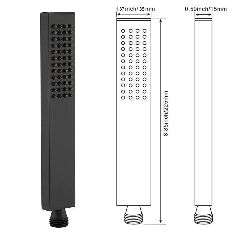 Asyas Solid Brass High Pressure Hand Held Shower Square Sprayer Head with Fixed Elbow Wall Connector Shower Holder and Hose Set Matte Black Black handheld set