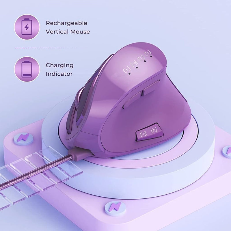 JOMAA Vertical Ergonomic Wireless Mouse, 2.4G and Bluetooth 5.0/3.0 Dual Mode, Silent, 3 Adjustable DPI Levels, Rechargeable, for Laptop/PC/Mac/iPad/Android Purple