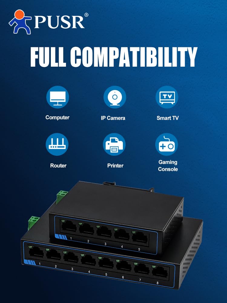 1000M 5 Ports Gigabit Ethernet Network Switch DC or Terminal Power Supply Plug and Play Supports Auto MDI/MDIX DIN Rail Installation and Desktop Placement Iron Casing USR-SG1005 1000M 5 Ports