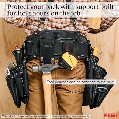 FESA Padded Leather Tool Belt with Back Support Have D-rings for Suspenders Black