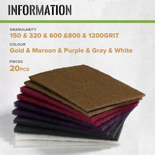 Scuff Pad 6” x 9” Scuff Pads,4 Each of Maroon&Grey&Gold&Purple&White,Scuff Pads for Paint Prep, Total 20PCS,Aluminum Oxide Abrasive Pads for Scuffing,Surface Adhesion Preparation,Cleaning 150-1200grit-Mix-20PCS