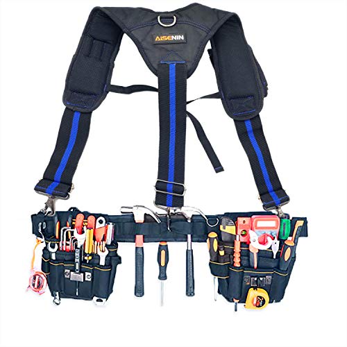 AISENIN Tool Belt Suspenders Construction Work Suspenders with Magnet Pocket, Large Moveable Phone Holder, Pencil Holder Blue