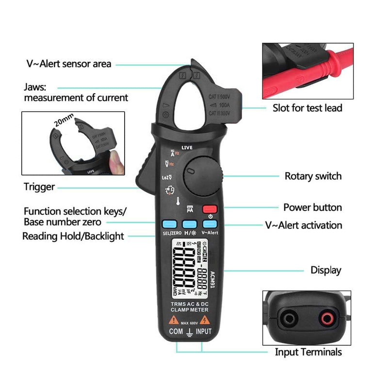 Accuracy Clamp Multimeters with Storage Bag NCV Led Light for AC/DC Current Home (ACM91 Black) ACM91 black