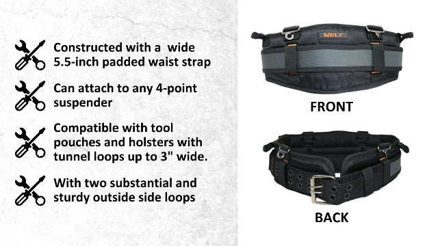 WOLF WTH2110 Heavy-Duty Ballistic Padded Tool Work Belt | Compatible w/Pouches, Holsters & 4-Point Suspenders | Body Waist Comfort Lightweight Breathable | Contractors Handyman | Tongue Buckle X-Large