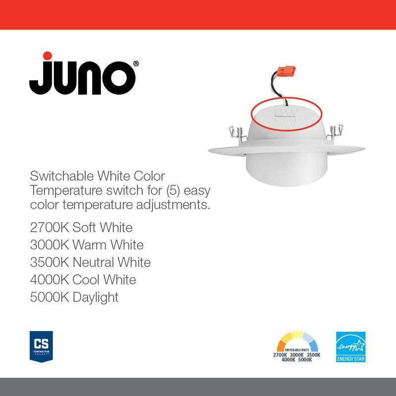 Juno 5"/6" Inch Adjustable LED Recessed Lighting, RetroBasics Series Adjustable Gimbal LED Downlight Trim Kit, 5"/6" Ceiling Light with 5-in-1 Switchable White Color, 700 Lumens, Matte White 5/6-Inch Standard | Adjustable | Smooth Trim
