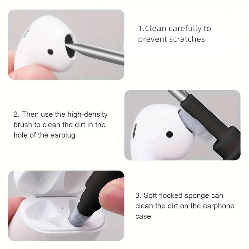 3-in-1 Earphone Cleaning Pen, Soft Brush & Flocked Sponge Cleaner for Bluetooth Earbuds, Phone and Earphone Case, White