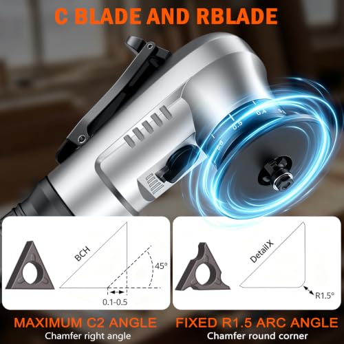 Pneumatic Chamfer Tool, 45 degree tile chamfering tool with 8 C-Angle & 6 R-Angle Blades & 6 durable bearings, Upgrade, Mini Air Chamfer Tool with 1/4 Inch Air Inlet for Metal and Wood-Silver Silver