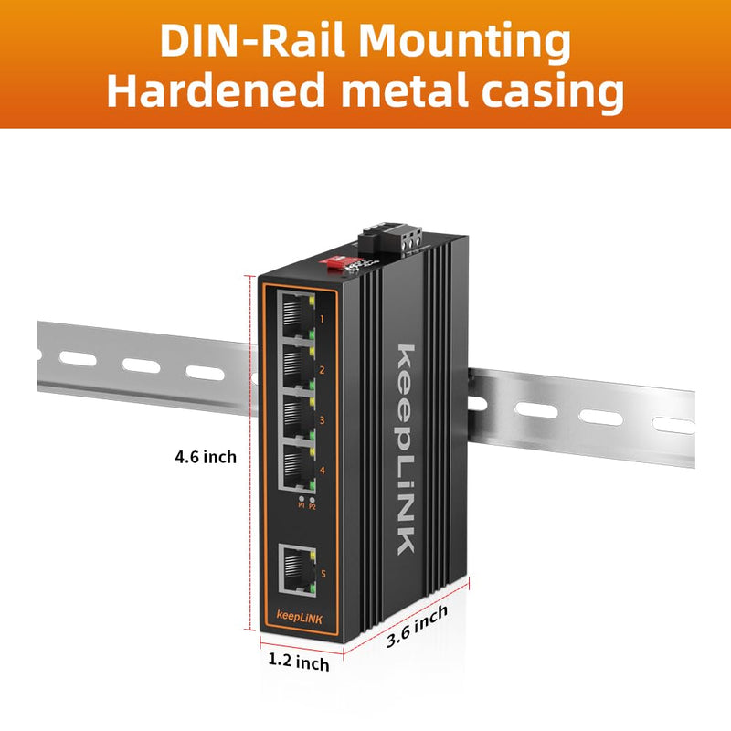 5 Port Industrial PoE Switch Unmanaged, 125W Fast Ethernet Din Rail Switch, IP40, Operating Temperature Range of -30° – 75°C (-22° – 167°F) 5 Port 100Mbps PoE Switch