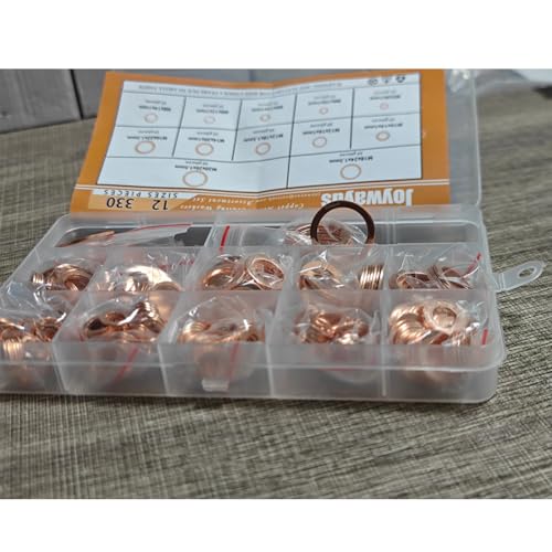 Joywayus Copper Washer Assortment Set, 330 Pieces 12 Sizes Copper Metric Sealing Washers Flat Washer Kit 12size-300PCS