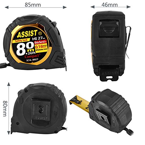 26FT Measuring Tape by ASSIST-Easy Read Double Side Printing with Metric and Inches，Automatic Lock,Heavy Duty Shock Absorbent Rubber Case-for Construction and Surveyor 4.9 m