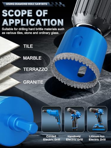 15‑Piece Diamond Hole Saw Kit, 1/4"‑2" Diamond Core Drill Bits Set, Includes 3/16" Multi‑Tooth Carbide Drill Bits & Manual Screwdriver for Tile, Ceramic, Marble, Glass