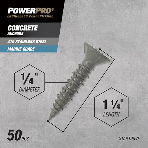 Power Pro Concrete Screw Anchors #410 Stainless Flat (1/4" x 1-1/4") 100-Piece