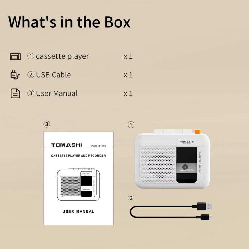 TOMASHI Portable Cassette Player, Tape Recorder, with Build in Microphone/Speaker/Headphone Jack. Fast Forward, Fast Rewind, Auto-Stop