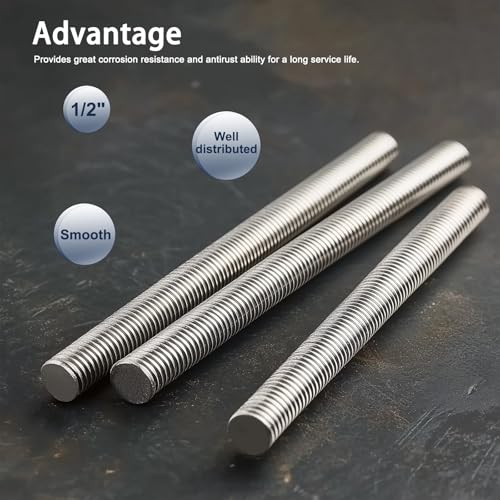 1/2"-20 Fully All Threaded Rod & Studs, 10" Length, 304 Stainless Steel Right Hand Fine Thread Screw for Furniture Anchor Bolts, Clamps, Hangers and U-Bolts 2 Pack 1/2"-20 x 10"