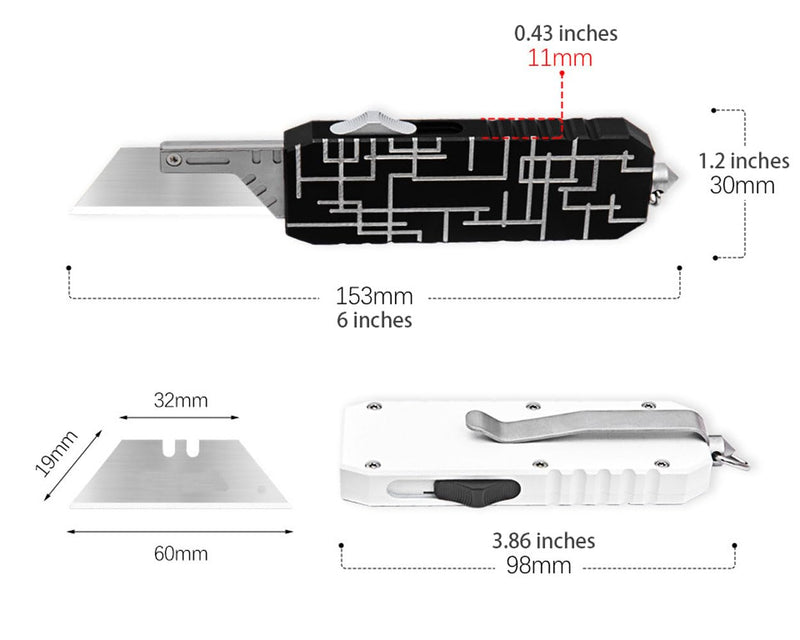 T386 EDC Auto Box Cutters Retractable Heavy Duty Cardboard Cutter Utility Knife, 10pcs Extra Replaceable Blade Pocket Knife With Pants Clip, Glass Breaker (Black) Black