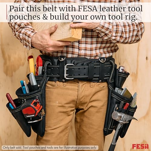 FESA Padded Leather Tool Belt with Back Support Have D-rings for Suspenders Black