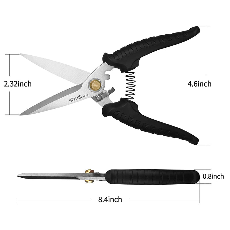stedi 8.2-inch Multipurpose Heavy Duty Scissors, Extended & Reinforced Ultra Sharp Blades with Finely Serrated, High Carbon Stainless Steel Shears for Household Pruning, Office, Gardening, Black Heavy Duty(8.2-inch)