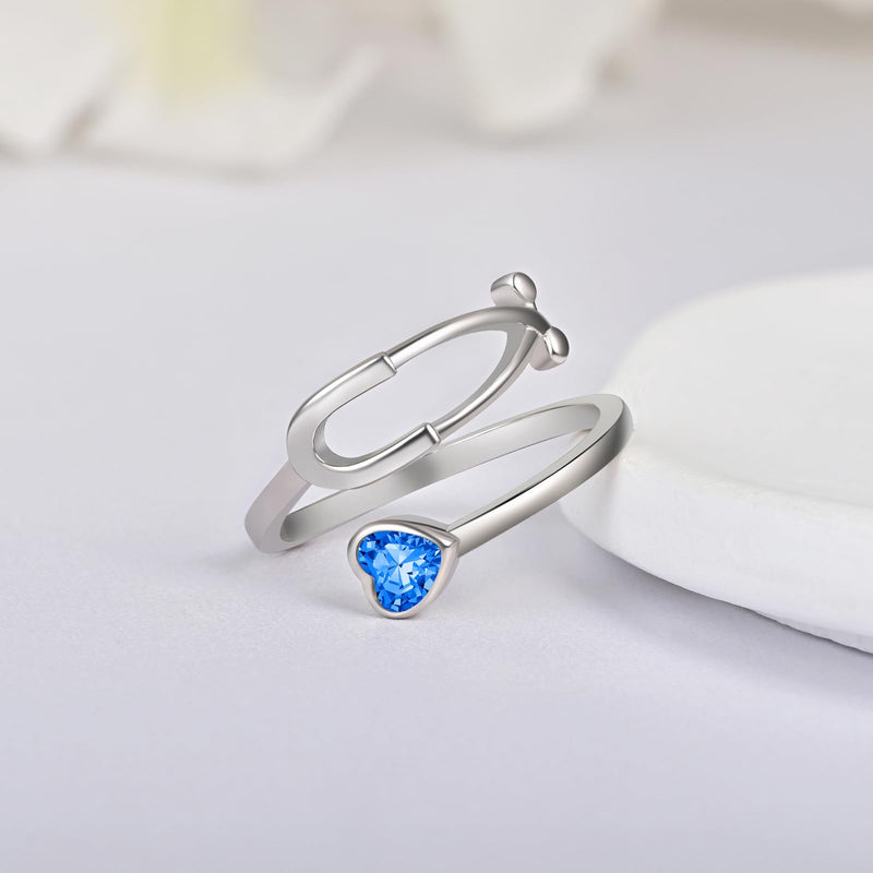 BEILIN Stethoscope Birthstone Rings for Women 925 Sterling Silver Adjustable Heartbeat Ring Nurse Doctor Jewelry Graduation Gifts for Medical Student September