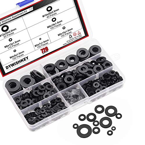 DYWISHKEY 720 Pieces 7 Sizes Black Nylon Flat Washers Assortment Kit (M3 M4 M5 M6 M8 M10 M12)