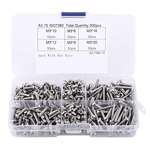 Button Head Hex Socket Head Bolts Screws Nut Assortment Kit, 300Pcs M3 Stainless Steel Hex Socket Screws Nuts with Storage Box, Fastener