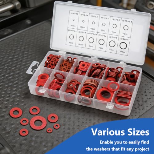 600Pcs Fiber Washers, 12 Sizes Insulated Fiber Washers Assortment, 0.8mm Thick Red Steel Paper Washer, Insulation Washer Assorted with Storage for Electrical Connections